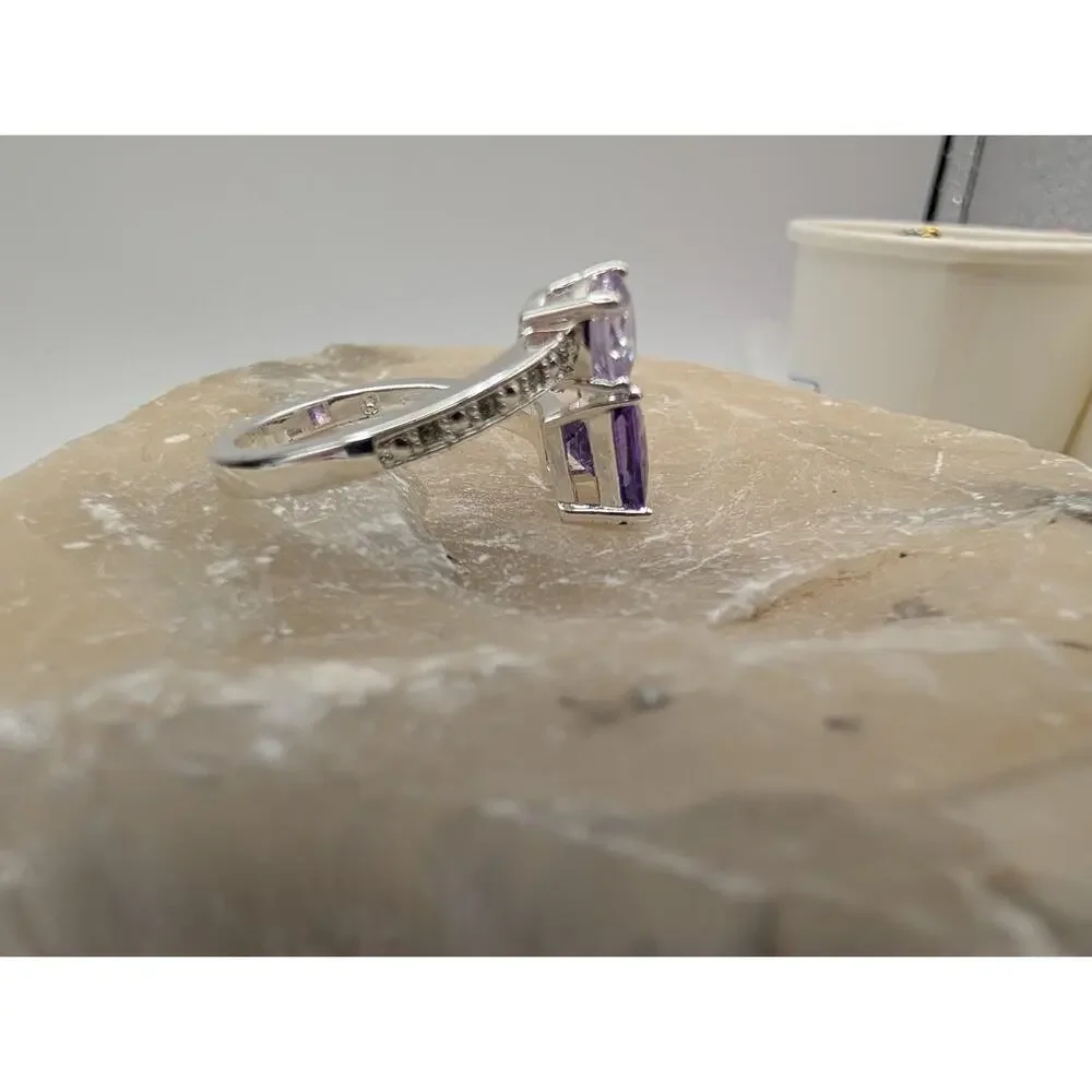 Fashion Silver Tone Bypass Ring Purple & Lavender Amethyst CZ Stones Size 7